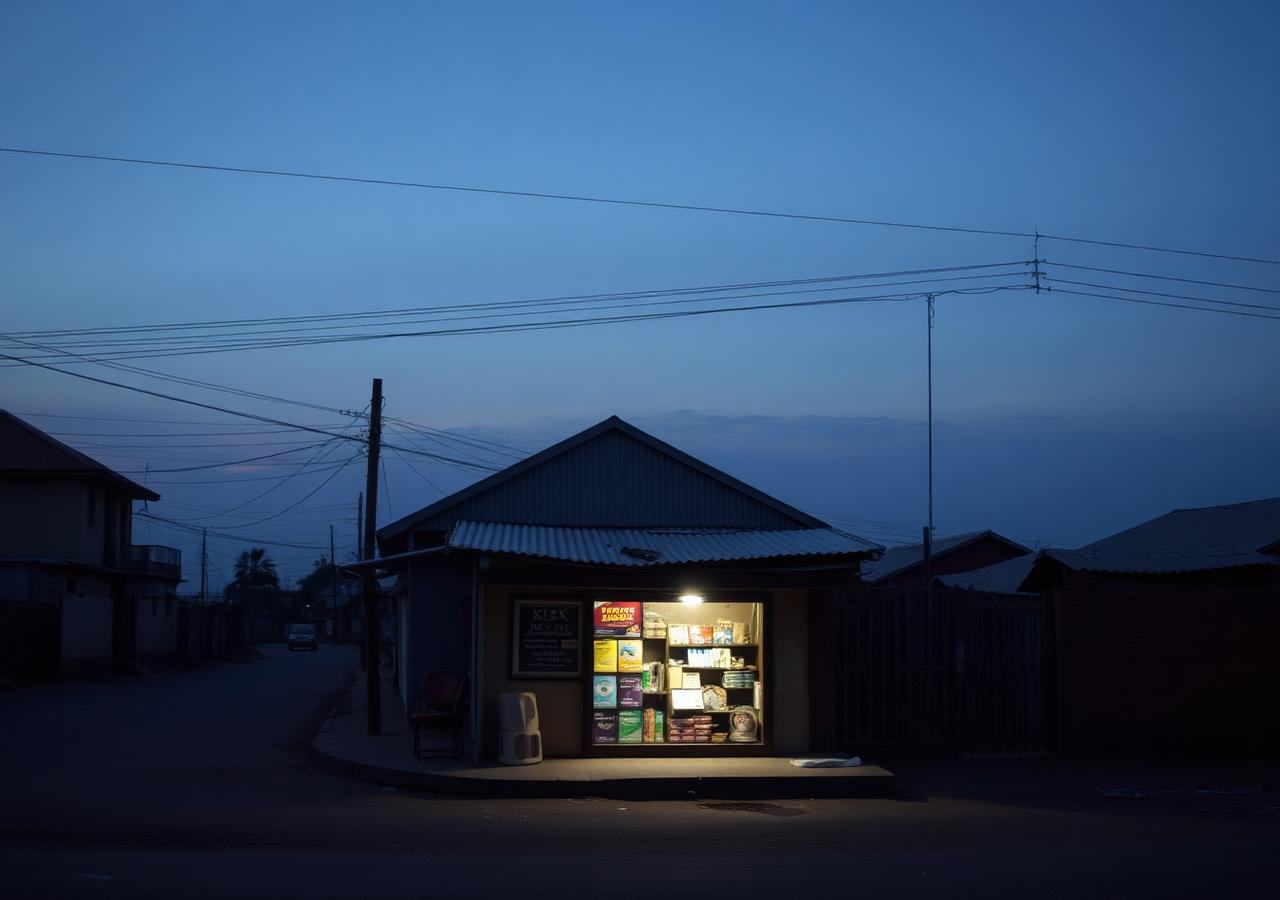 A Nigerian roadside shop lit by a single lamp during an evening power interruption